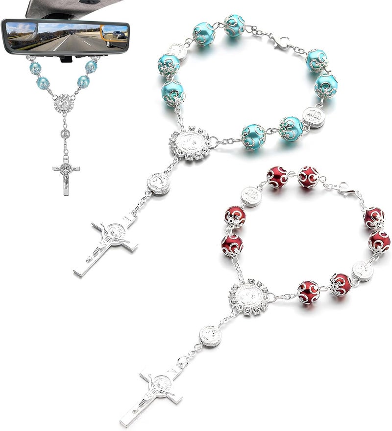 SHMZK 2 PCS Car Rosary for Rearview Mirror, Personalized Blessing Hanging Pendant for Car Rear View Mirror, Cross Rosary Ornament Interior Decor for Most Vehicles, Car Accessories (Red+Blue) - Image 1